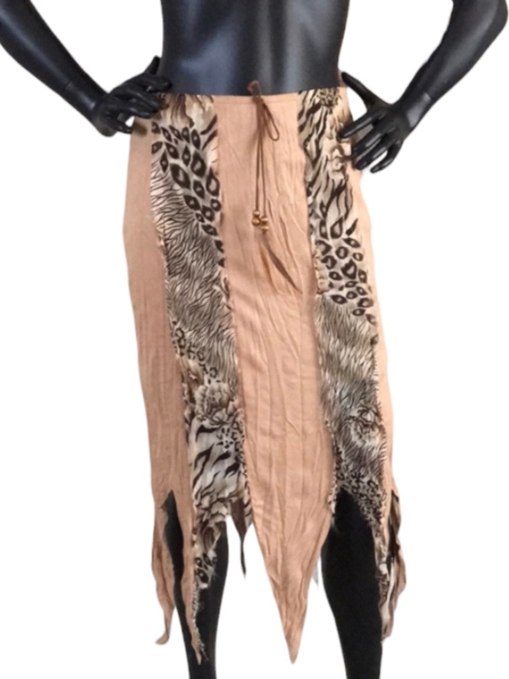 Faux Suede & Animal Print Trim Tattered Tan Skirt Small